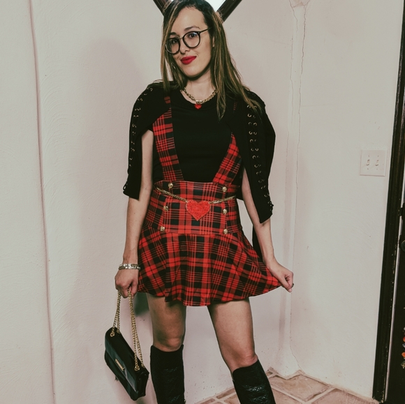 NWT Fall Preppy Red Plaid Suspender Skirt S:S-M - Picture 7 of 10